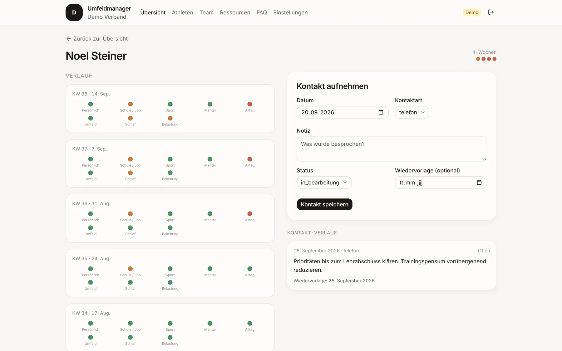 Athletenprofil mit Wochenverlauf und Formular für Kontakt-Notizen