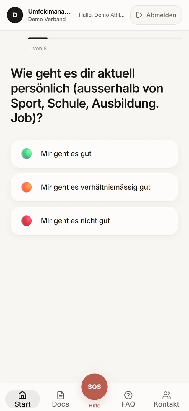 Check-in auf dem Handy: eine Frage pro Bildschirm mit drei Ampelfarben